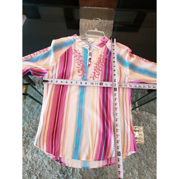 Reba Blouse Top Women S Multicolor Striped Cotton Embroidered Boho Festival - Picture 10 of 11